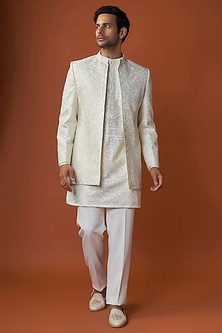 Off-White Lucknowi Chikankari Embroidered Open Jacket Set by Nero By Shaifali & Satya