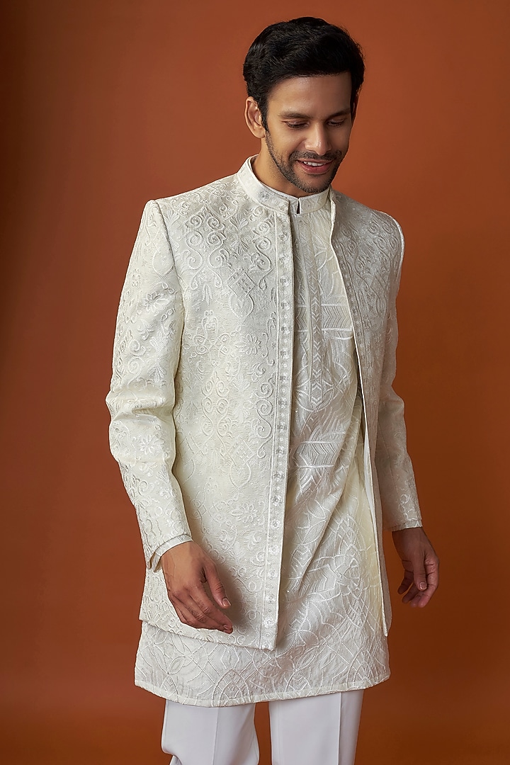 Off-White Lucknowi Chikankari Embroidered Open Jacket Set by Nero By Shaifali & Satya at Pernia's Pop Up Shop