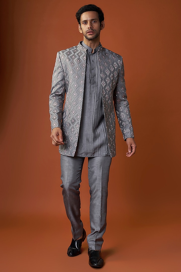 Grey Jacquard Hand Embroidered Open Jacket Set by Nero By Shaifali & Satya