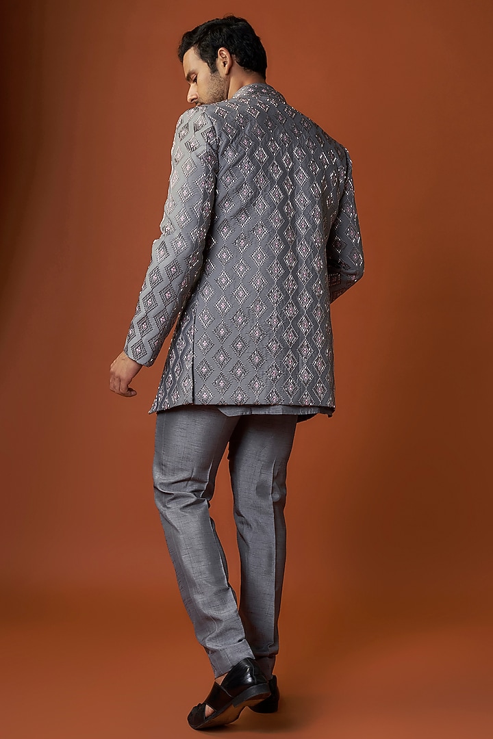 Grey Jacquard Hand Embroidered Open Jacket Set by Nero By Shaifali & Satya at Pernia's Pop Up Shop
