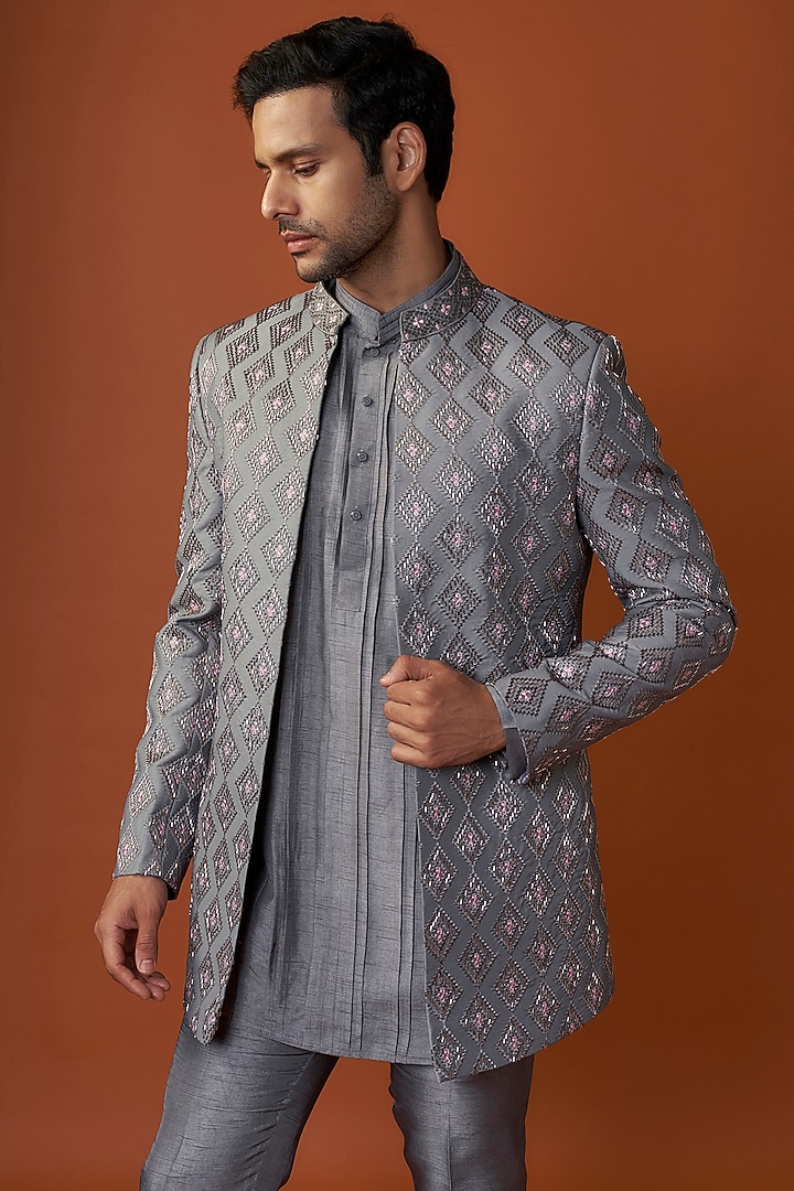 Grey Jacquard Hand Embroidered Open Jacket Set by Nero By Shaifali & Satya at Pernia's Pop Up Shop