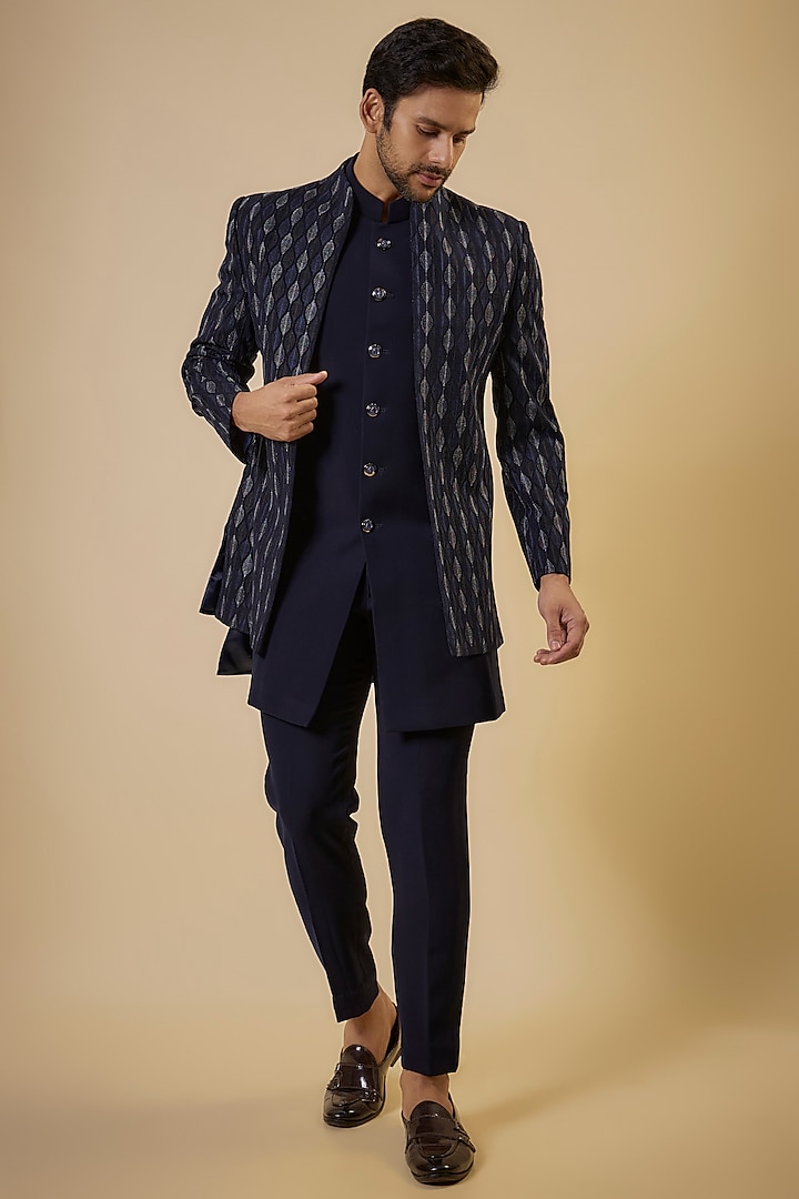 Blue Suiting Embroidered Open Jacket Set by Nero By Shaifali & Satya at Pernia's Pop Up Shop