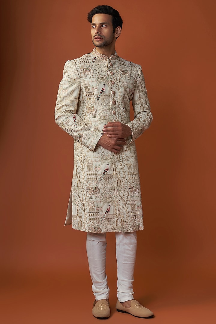 Ivory Lucknowi Hand Embroidered Groom Sherwani Set by Nero By Shaifali & Satya at Pernia's Pop Up Shop