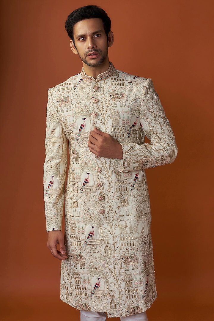 Ivory Lucknowi Hand Embroidered Groom Sherwani Set by Nero By Shaifali & Satya at Pernia's Pop Up Shop