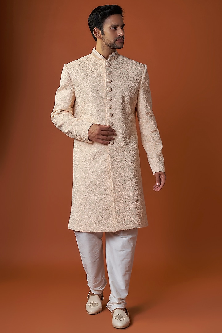 Peach Lucknowi Hand Embroidered Wedding Sherwani Set by Nero By Shaifali & Satya at Pernia's Pop Up Shop