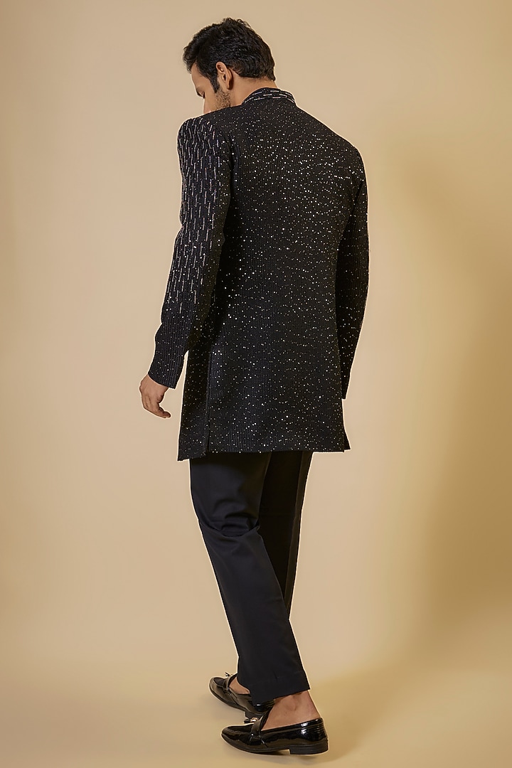 Black Suiting Thread Work Open Jacket Set by Nero by Shaifali & Satya at Pernia's Pop Up Shop