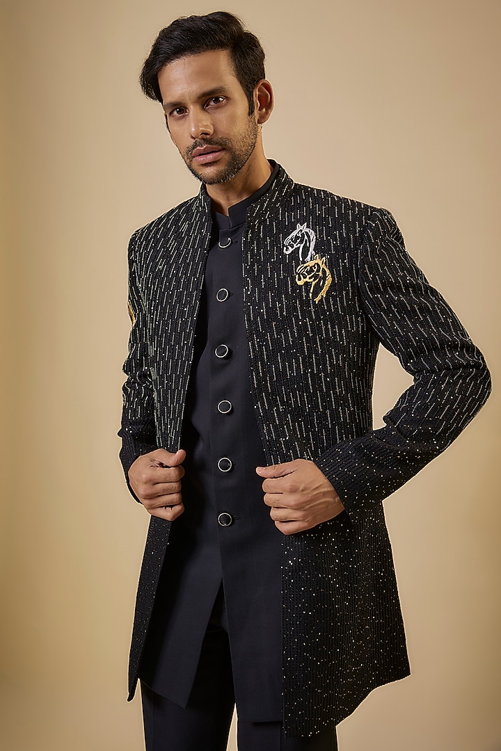 Black Suiting Thread Work Open Jacket Set by Nero By Shaifali
