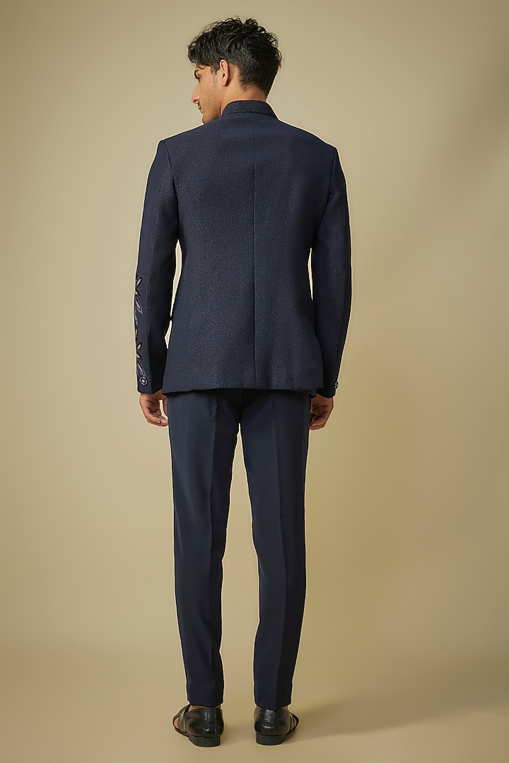 Blue Suiting Thread Hand & Machine Embroidered Wedding Bandhgala Set by Nero By Shaifali & Satya at Pernia's Pop Up Shop