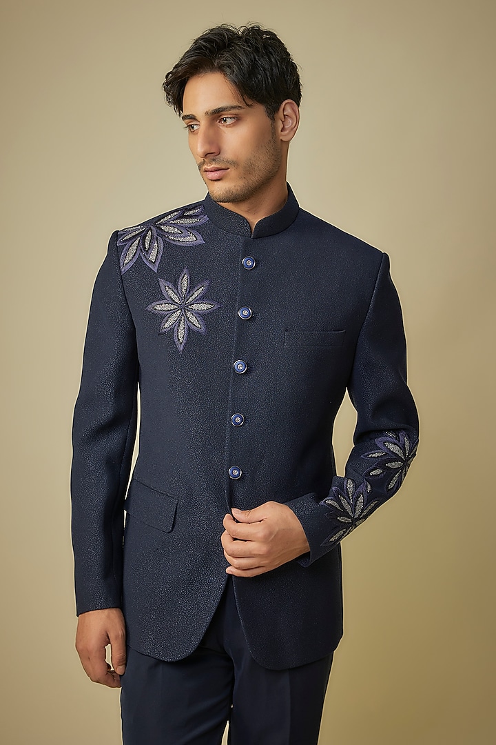 Blue Suiting Thread Hand & Machine Embroidered Wedding Bandhgala Set by Nero By Shaifali & Satya at Pernia's Pop Up Shop