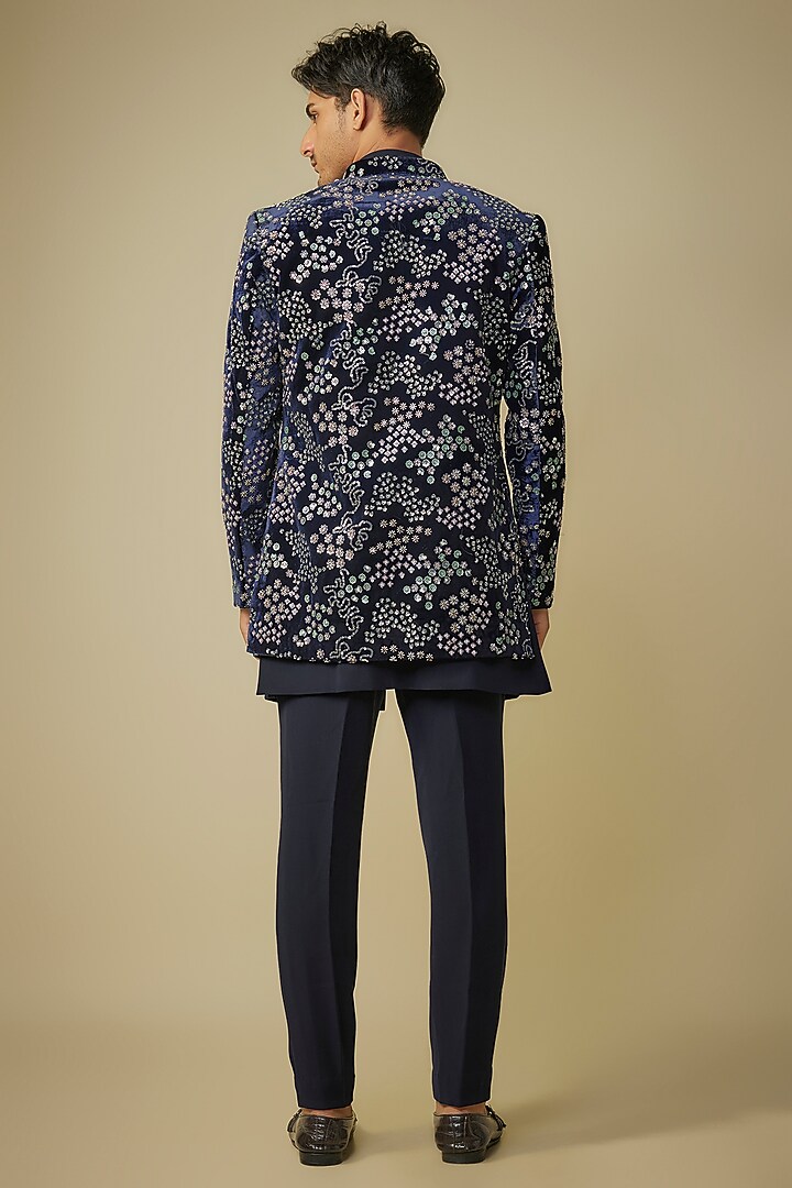 Blue Velvet Cutdana Embroidered Indo-Western Set by Nero By Shaifali & Satya at Pernia's Pop Up Shop