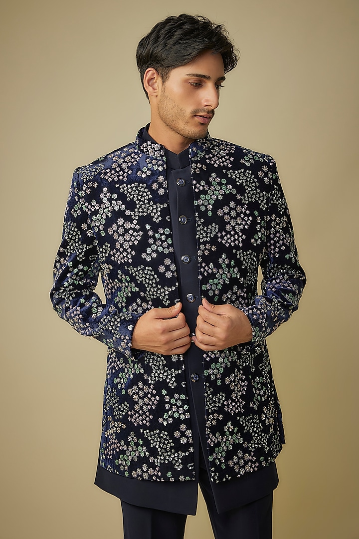 Blue Velvet Cutdana Embroidered Indo-Western Set by Nero By Shaifali & Satya at Pernia's Pop Up Shop