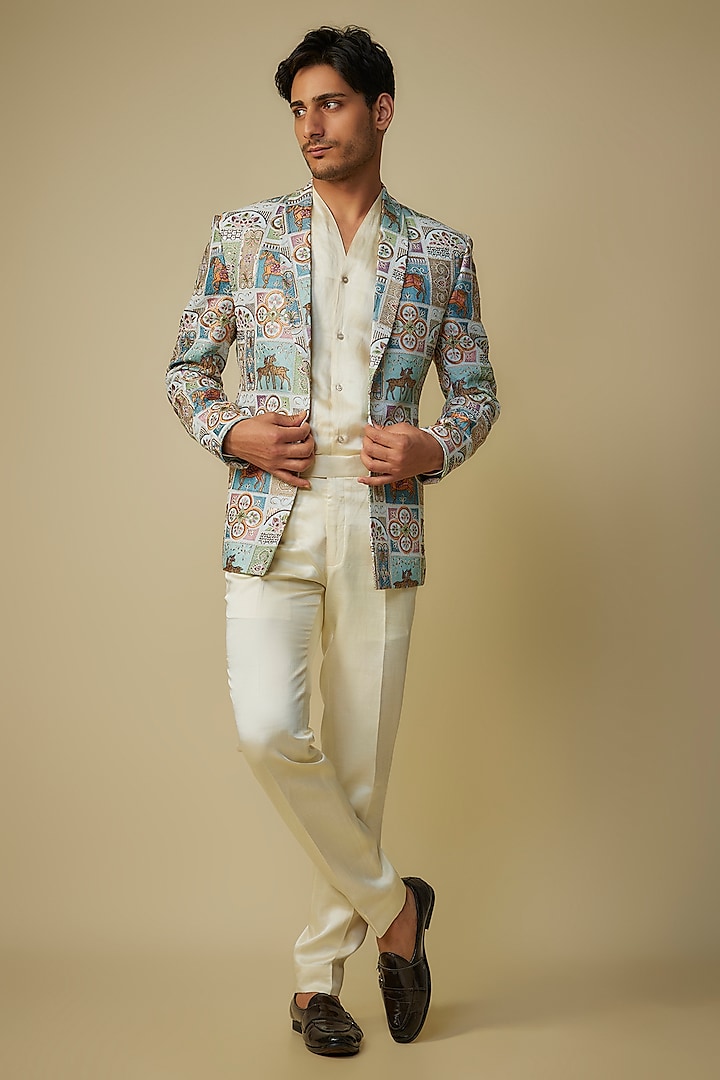 Multi-Colored Silk Thread Embroidered Blazer Set by Nero By Shaifali & Satya at Pernia's Pop Up Shop