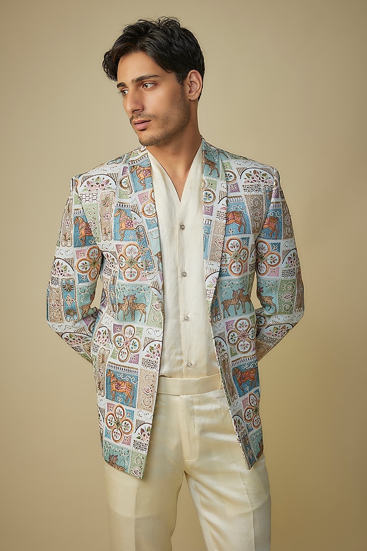 Multi-Colored Silk Thread Embroidered Blazer Set by Nero By Shaifali & Satya at Pernia's Pop Up Shop