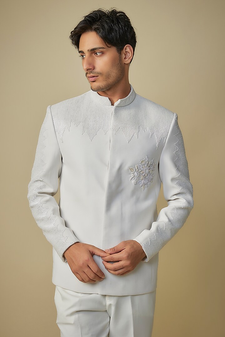 White Suiting Cutdana Embroidered Wedding Bandhgala Set by Nero By Shaifali & Satya at Pernia's Pop Up Shop