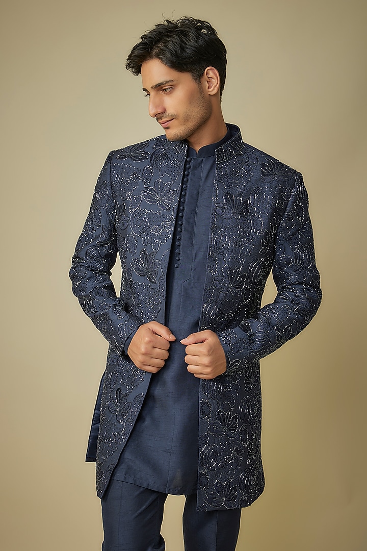 Blue Silk Cutdana Embroidered Indo-Western Set by Nero By Shaifali & Satya at Pernia's Pop Up Shop