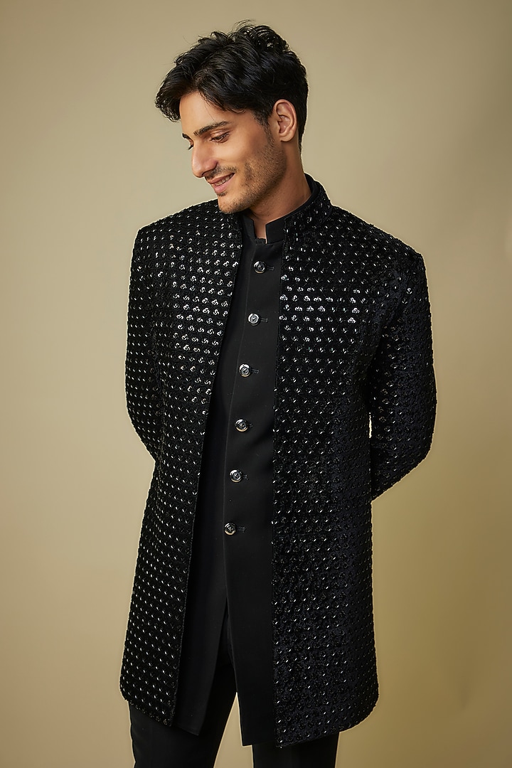 Black Velvet Cutdana Embroidered Indo-Western Set by Nero By Shaifali & Satya at Pernia's Pop Up Shop