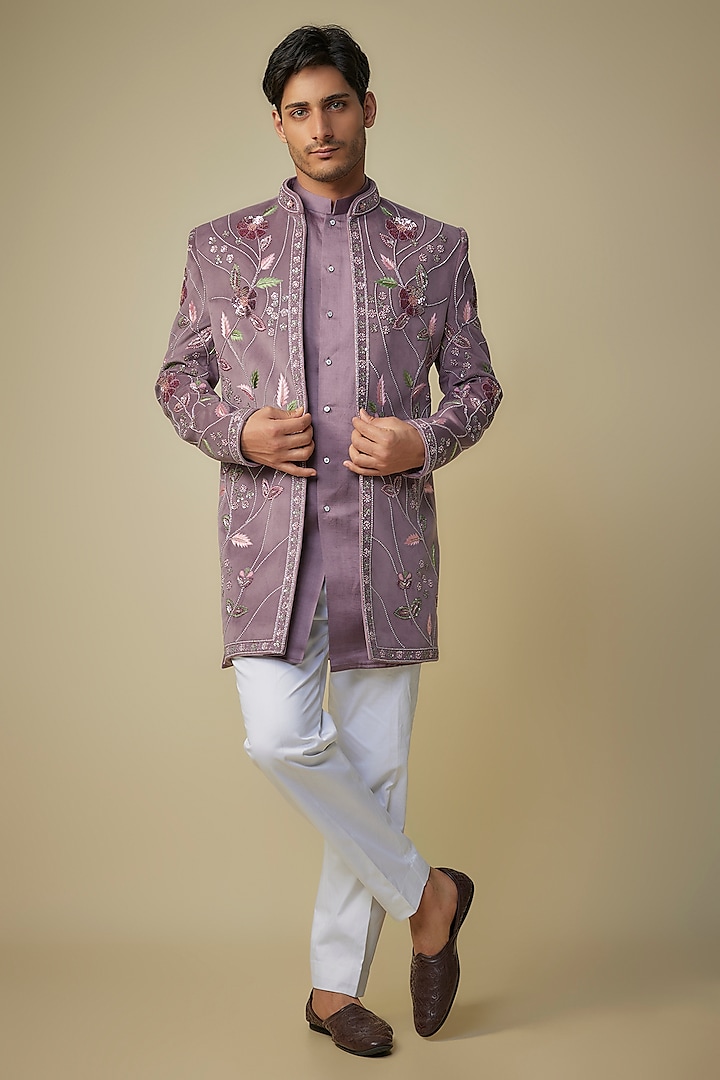 Purple Suede Cutdana Embroidered Indo-Western Set by Nero By Shaifali & Satya at Pernia's Pop Up Shop