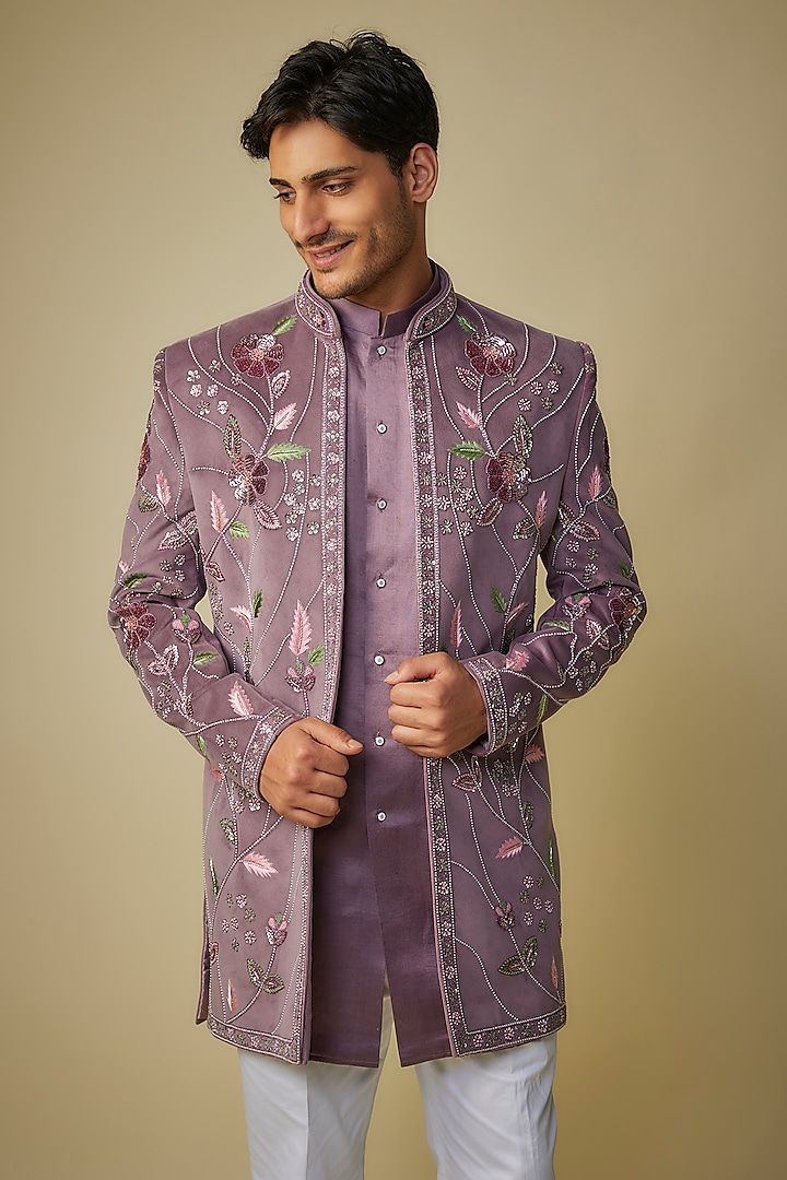 Purple Suede Cutdana Embroidered Indo-Western Set by Nero By Shaifali & Satya at Pernia's Pop Up Shop