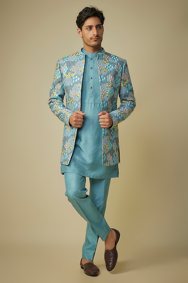 Multi-Colored Silk Machine Embroidered Indo-Western Set by Nero By Shaifali & Satya at Pernia's Pop Up Shop