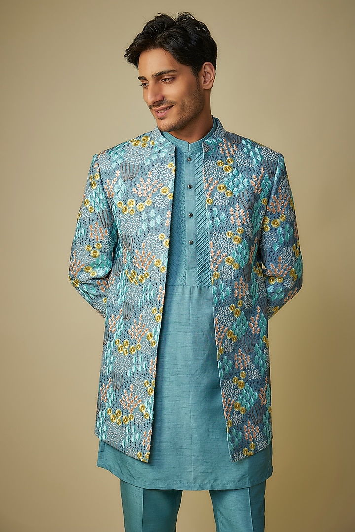 Multi-Colored Silk Machine Embroidered Indo-Western Set by Nero By Shaifali & Satya at Pernia's Pop Up Shop