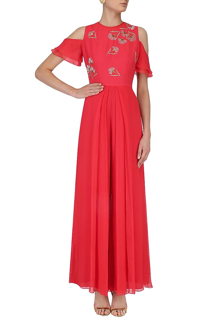Coral beaded carnations cold shoulder jumpsuit available only at Pernia's Pop Up Shop.