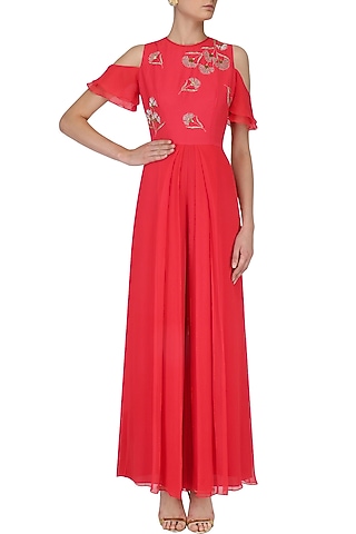 Coral Beaded Carnations Cold Shoulder Jumpsuit by Nachiket Barve
