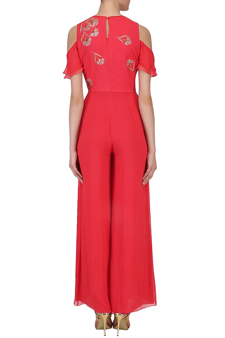 Coral beaded carnations cold shoulder jumpsuit available only at Pernia's Pop Up Shop.