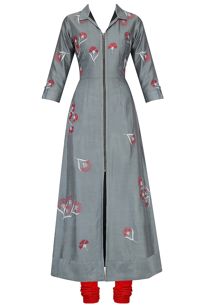 Grey Traced Carnation Motifs Shirt Dress by Nachiket Barve