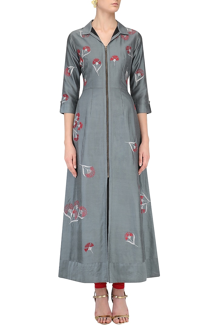 Grey traced carnation motifs shirt dress available only at Pernia's Pop Up Shop.