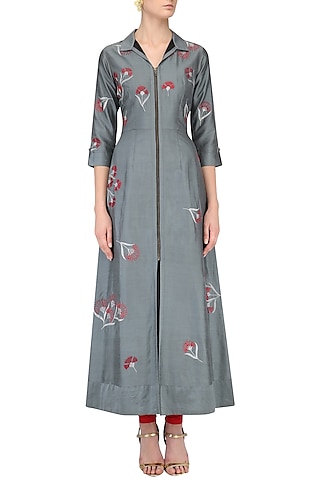 Grey Traced Carnation Motifs Shirt Dress by Nachiket Barve
