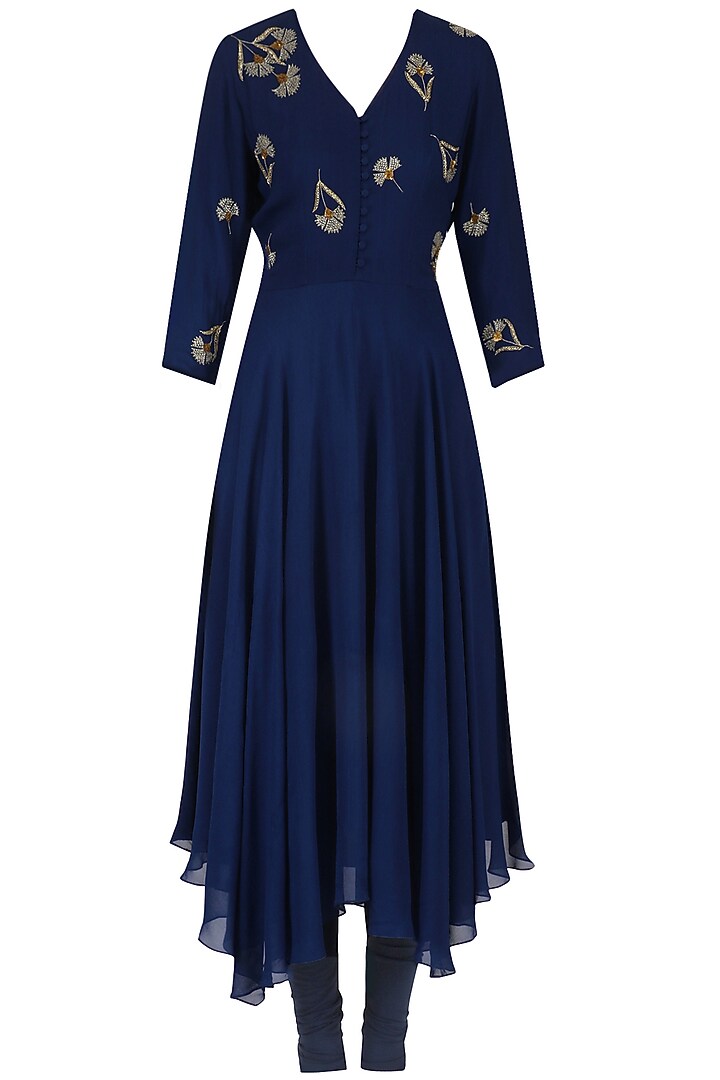 Cobalt blue beaded carnation kerchief hem kurta set available only at Pernia's Pop Up Shop.