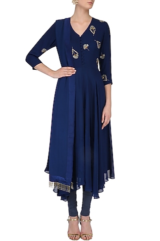 Cobalt Blue Beaded Carnation Kerchief Hem Kurta Set by Nachiket Barve