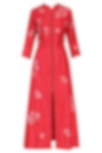 Red Traced Carnations Zipper Shirt Dress by Nachiket Barve