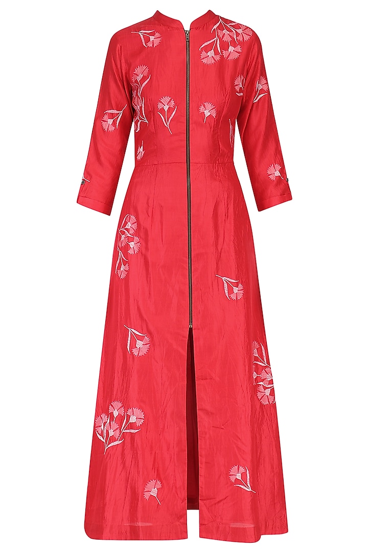 Red Traced Carnations Zipper Shirt Dress by Nachiket Barve
