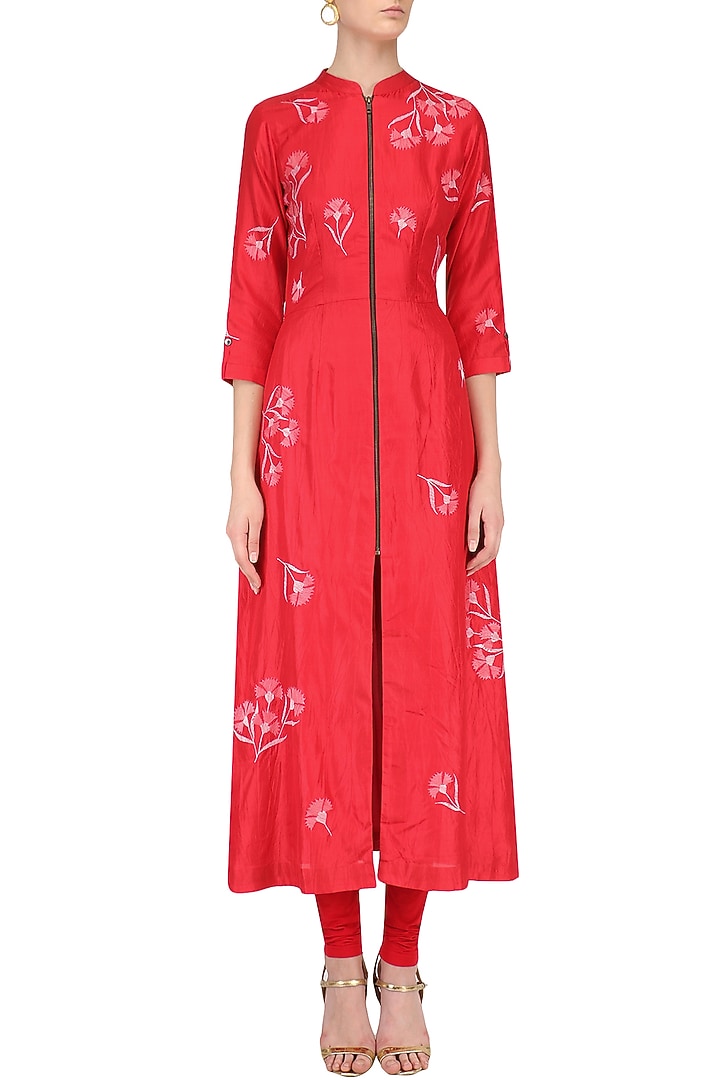 Red traced carnations zipper shirt dress available only at Pernia's Pop Up Shop.