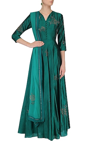 Teal Beaded Rose Bush Crushed Kalidaar Set by Nachiket Barve