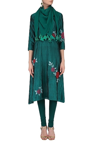 Teal Rose Bush Silk Trapezium Hem Kurta Set with Tassel Scarf by Nachiket Barve