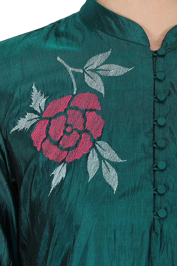 Teal rose bush silk trapezium hem kurta set with tassel scarfavailable only at Pernia's Pop Up Shop.