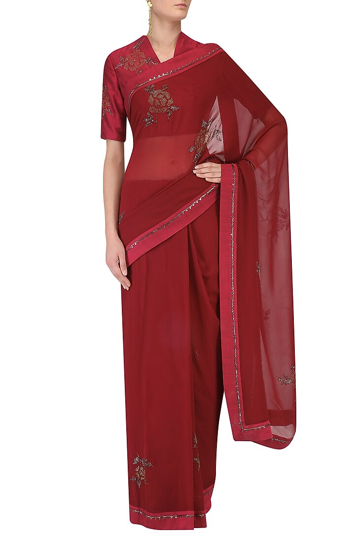 Plum beaded rose bush motifs saree with embroidered blouse available only at Pernia's Pop Up Shop.