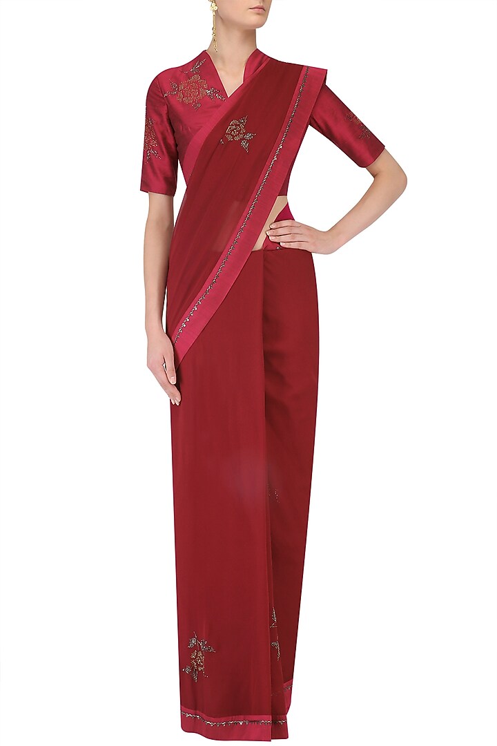 Plum beaded rose bush motifs saree with embroidered blouse available only at Pernia's Pop Up Shop.