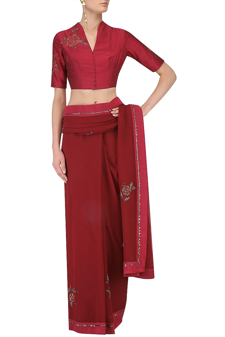 Plum beaded rose bush motifs saree with embroidered blouse available only at Pernia's Pop Up Shop.