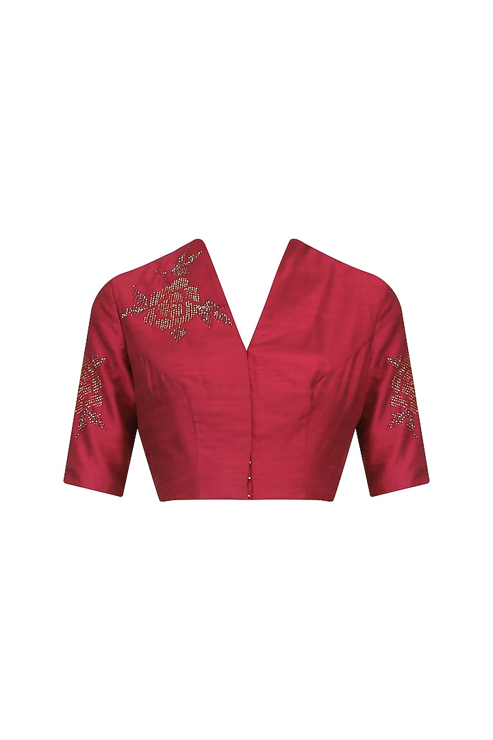 Plum beaded rose bush motifs saree with embroidered blouse available only at Pernia's Pop Up Shop.