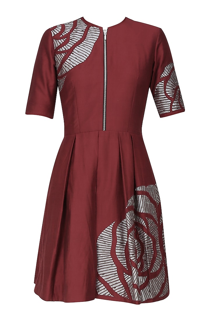 Maroon thread embroidered cutwork rose motif fit and flared dress by Nachiket Barve