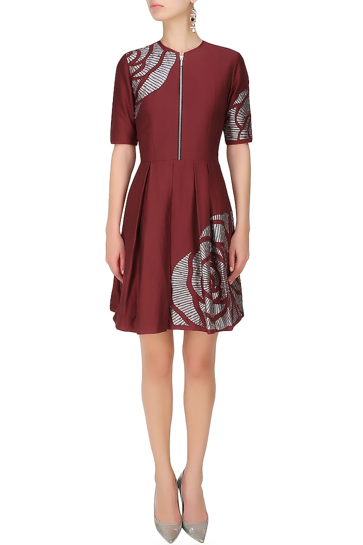 Nachiket Barve presents Maroon thread embroidered cutwork rose motif fit and flared dress available only at Pernia's Pop Up Shop.