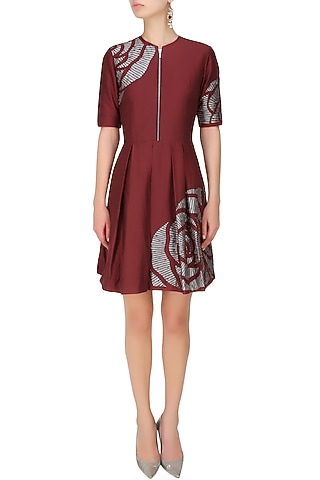Maroon thread embroidered cutwork rose motif fit and flared dress by Nachiket Barve