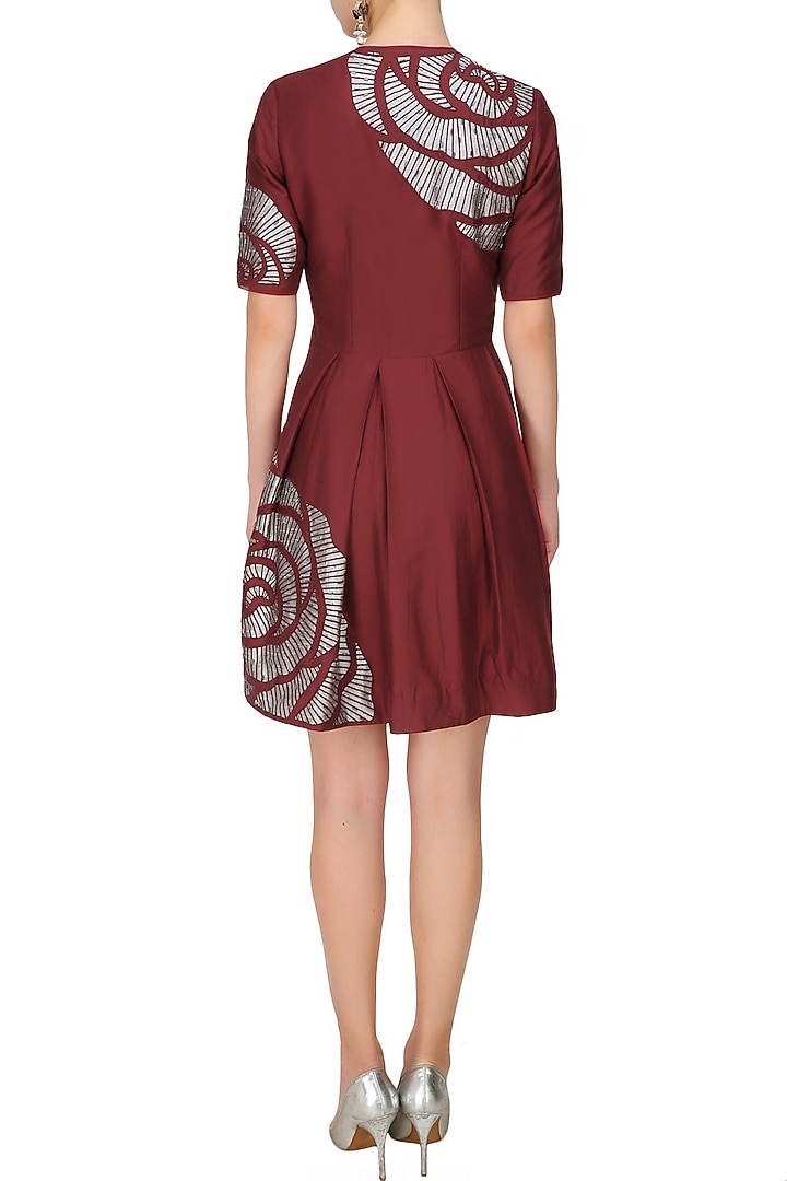 Nachiket Barve presents Maroon thread embroidered cutwork rose motif fit and flared dress available only at Pernia's Pop Up Shop.