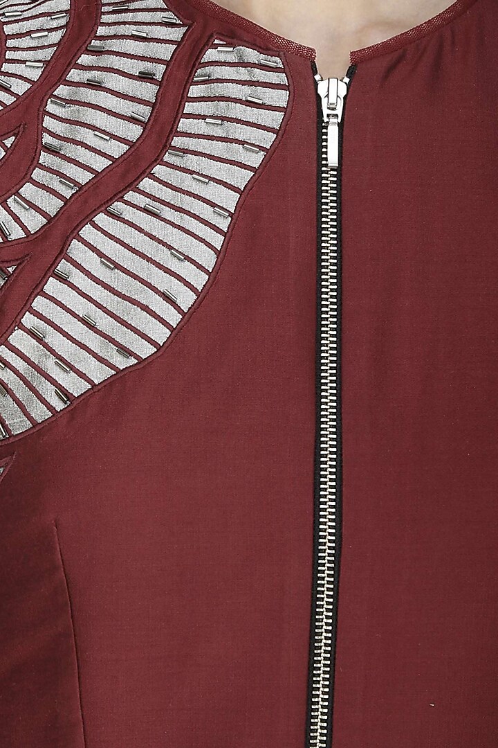Nachiket Barve presents Maroon thread embroidered cutwork rose motif fit and flared dress available only at Pernia's Pop Up Shop.