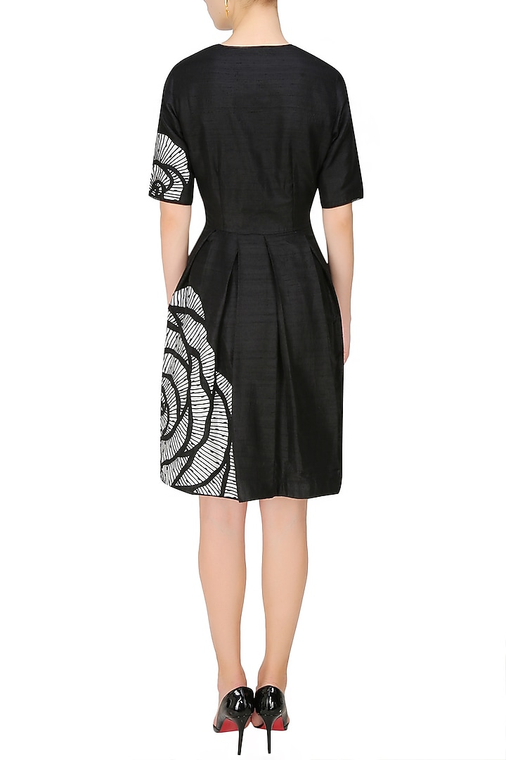 Nachiket Barve presents Black thread embroidered rose motif cutwork fit and flared dress available only at Pernia's Pop Up Shop.