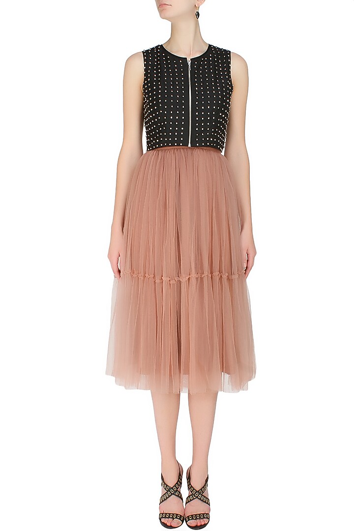 Nachiket Barve presents Black metallic armour studded sleeveless crop top available only at Pernia's Pop Up Shop.