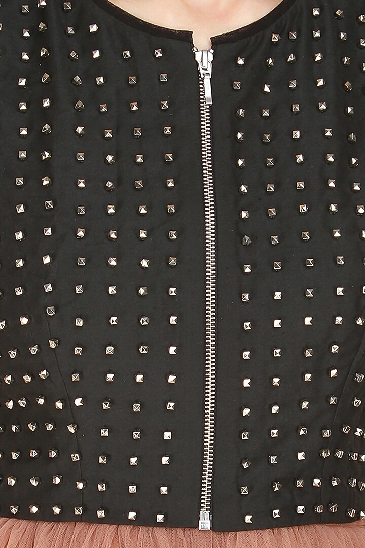 Nachiket Barve presents Black metallic armour studded sleeveless crop top available only at Pernia's Pop Up Shop.